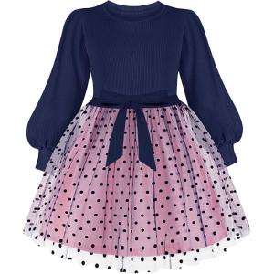 Arshiner Tulle Dress Toddler Girls Puff Long Lantern Sleeves Fall Winter Tutu Party Dresses with Tie Belt 3-8Y(Navy/Black Dot)