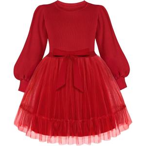Arshiner Tulle Dress Toddler Girls Puff Long Lantern Sleeves Fall Winter Tutu Party Dresses with Tie Belt 3-8Y(Red)