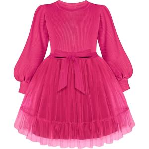 Arshiner Tulle Dress Toddler Girls Puff Long Lantern Sleeves Fall Winter Tutu Party Dresses with Tie Belt 3-8Y(Rose Red)