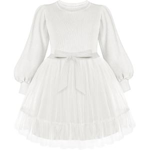 Arshiner Tulle Dress Toddler Girls Puff Long Lantern Sleeves Fall Winter Tutu Party Dresses with Tie Belt 3-8Y(White)