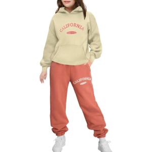 Arshinet Girls 2 Piece Outfits Hoodie Sweatsuit Sets Oversized Sweatshirt and Baggy Fall Fashion Sweatpant with Pockets(Beige&pink)