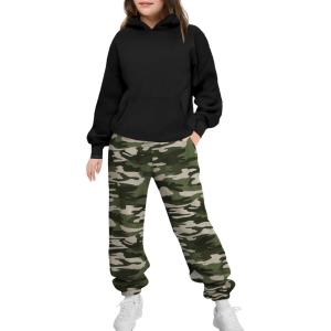 Arshinet Girls 2 Piece Outfits Hoodie Sweatsuit Sets Oversized Sweatshirt and Baggy Fall Fashion Sweatpant with Pockets(Black&camouflage)