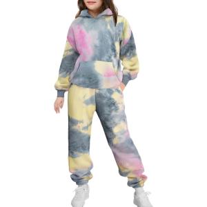 Arshinet Girls 2 Piece Outfits Hoodie Sweatsuit Sets Oversized Sweatshirt and Baggy Fall Fashion Sweatpant with Pockets(Pink&gray)