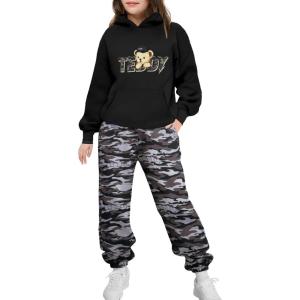 Arshinet Girls 2 Piece Outfits Hoodie Sweatsuit Sets Oversized Sweatshirt and Baggy Fall Fashion Sweatpant with Pockets(Teddy Print&camo)