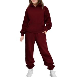 Arshinet Girls 2 Piece Outfits Hoodie Sweatsuit Sets Oversized Sweatshirt and Baggy Fall Fashion Sweatpant with Pockets(Wine Red)