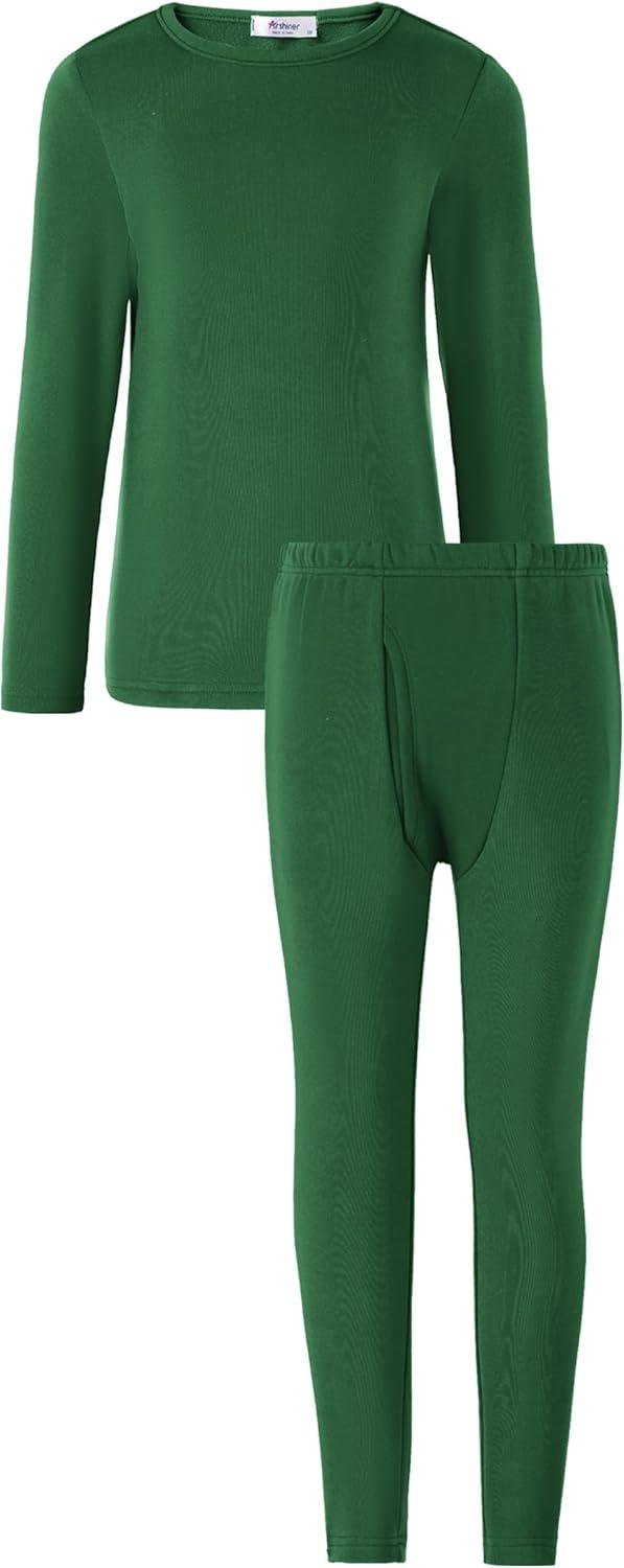 imageArshienr Boys Thermal Underwear Set 2Piece Base Layer Fleece Lined Long Johns Top Bottom Warm Set for Cold WeatherGreen
