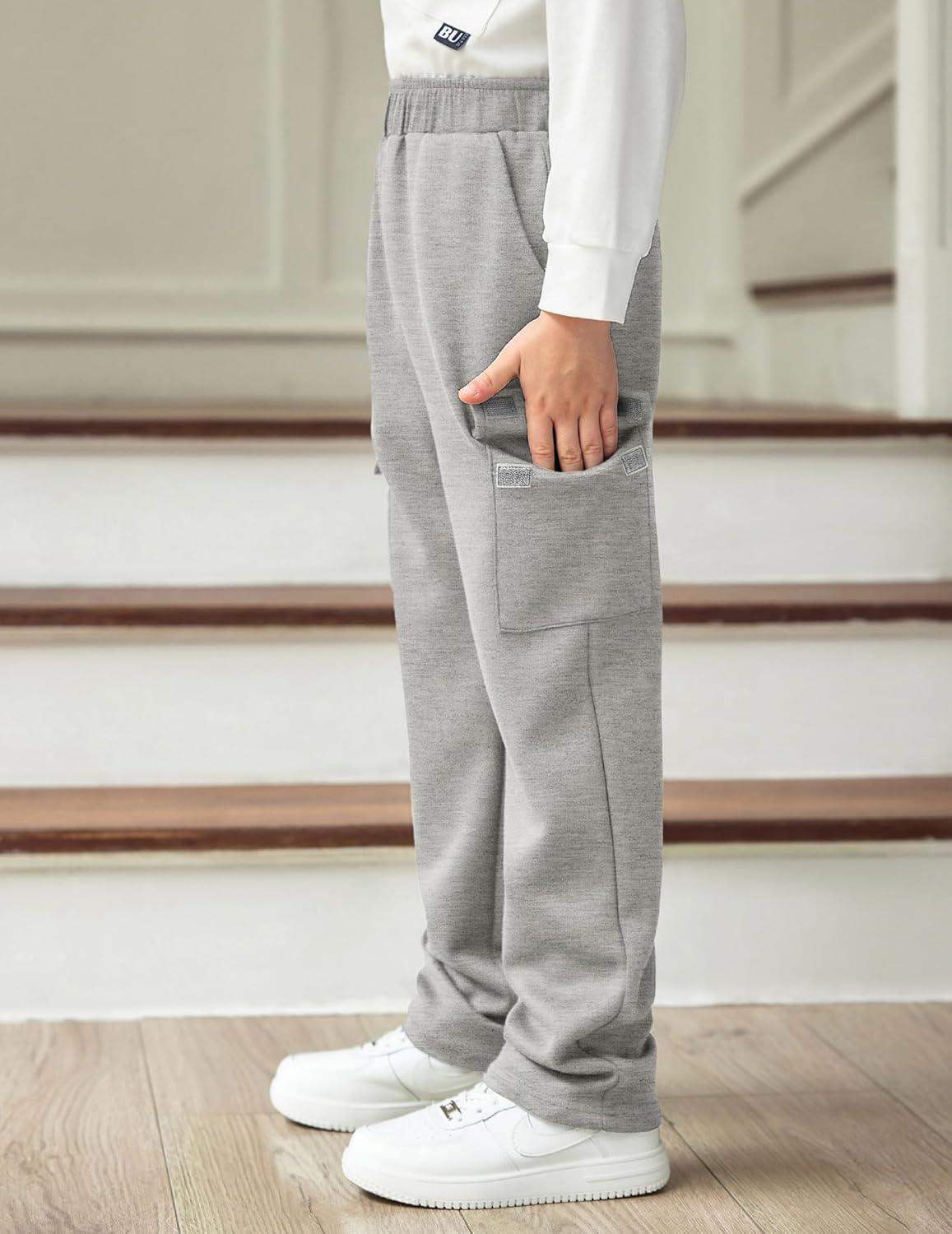 imageArshiner Boys Cargo Pants Kids Elastic Waist Casual Athletic Jogger Sweatpants Open Bottom Baggy Pants with PocketsLight Grey