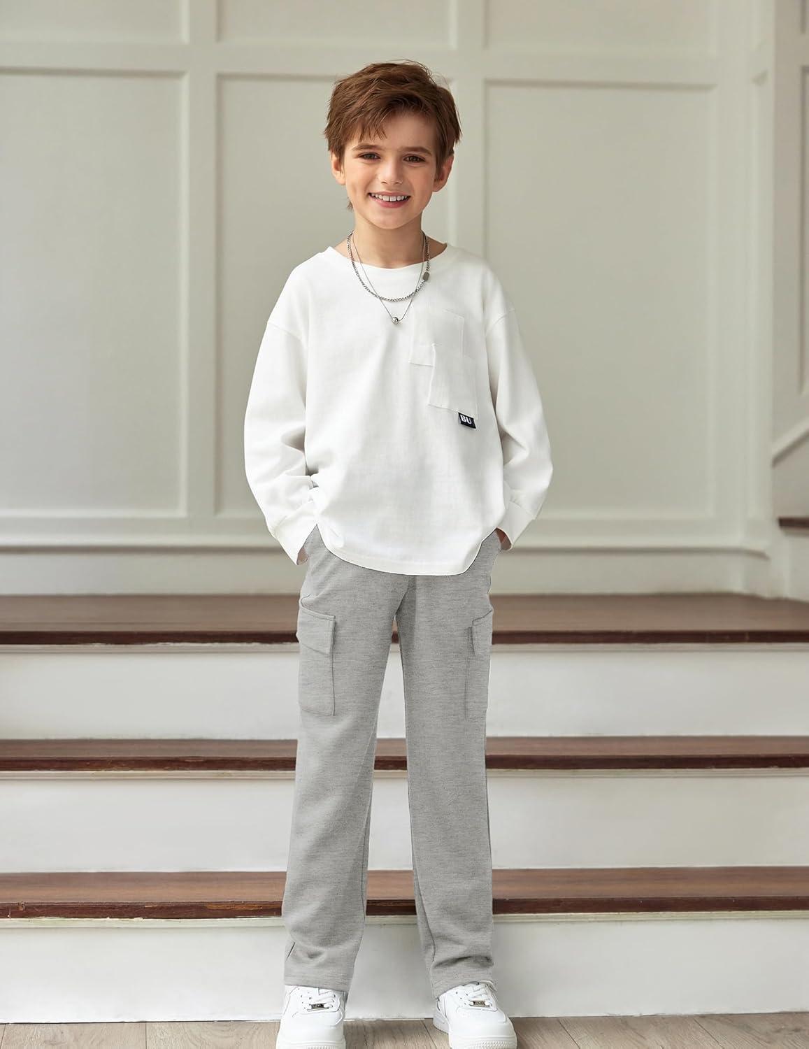 imageArshiner Boys Cargo Pants Kids Elastic Waist Casual Athletic Jogger Sweatpants Open Bottom Baggy Pants with PocketsLight Grey