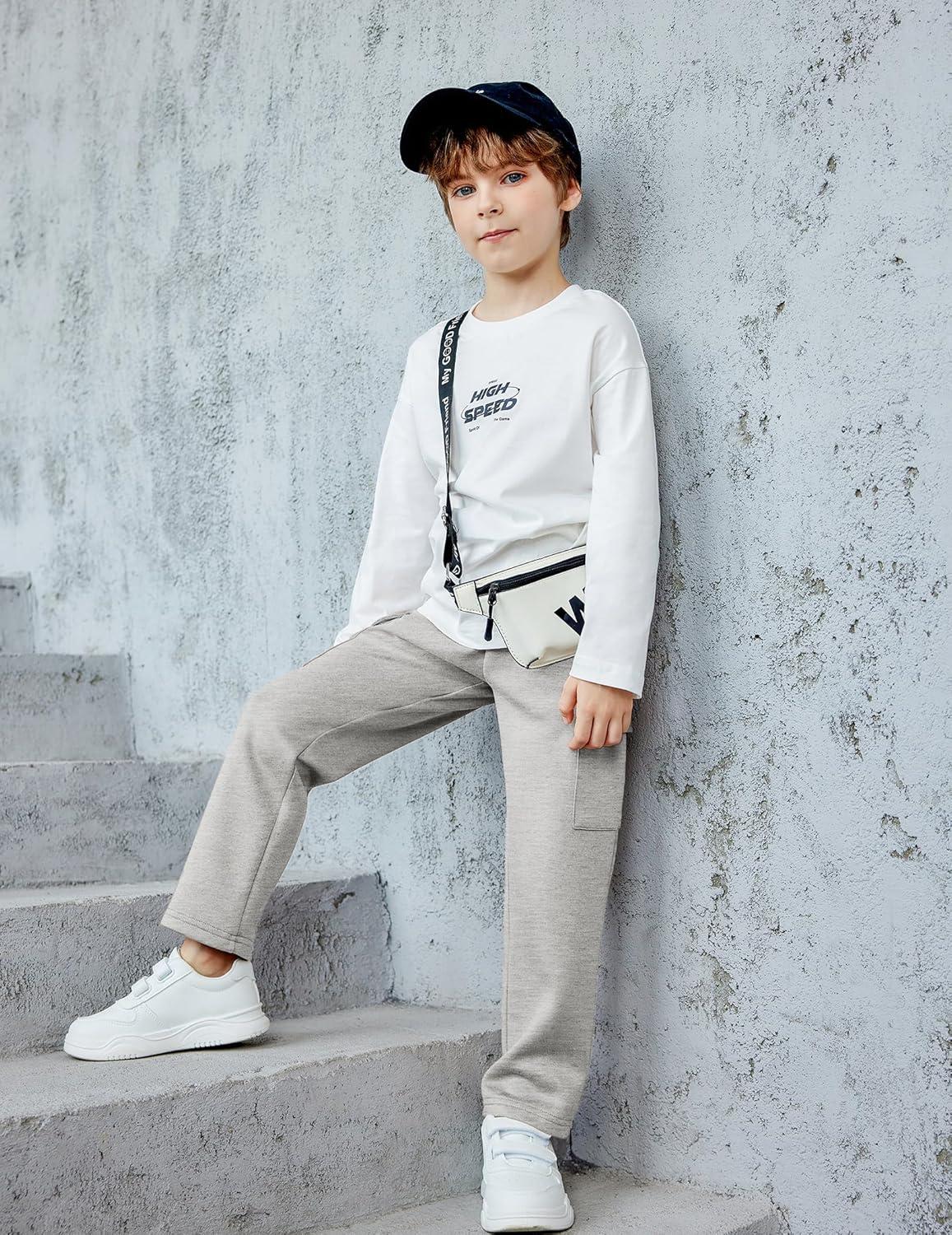 imageArshiner Boys Cargo Pants Kids Elastic Waist Casual Athletic Jogger Sweatpants Open Bottom Baggy Pants with PocketsLight Grey
