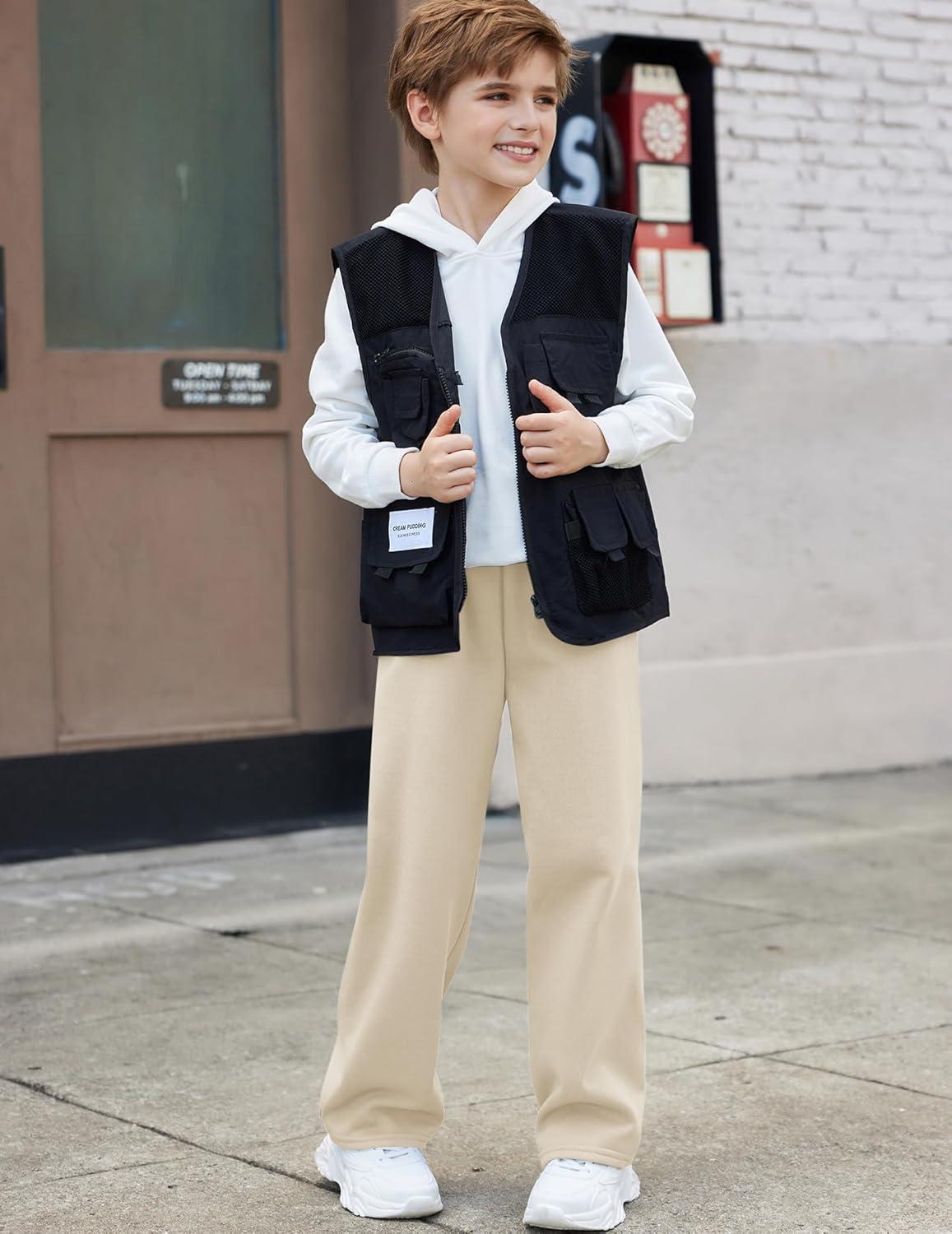 imageArshiner Boys Casual Pants Fleece Sweatpants Lightweight Open Bottom Lounge Pants Drawstring Jogger Pants with PocketsCamel