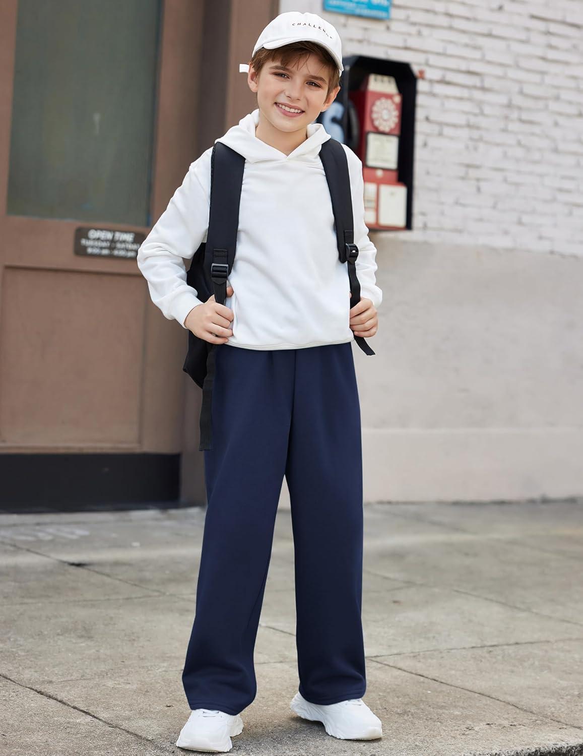 imageArshiner Boys Casual Pants Fleece Sweatpants Lightweight Open Bottom Lounge Pants Drawstring Jogger Pants with PocketsDark Blue