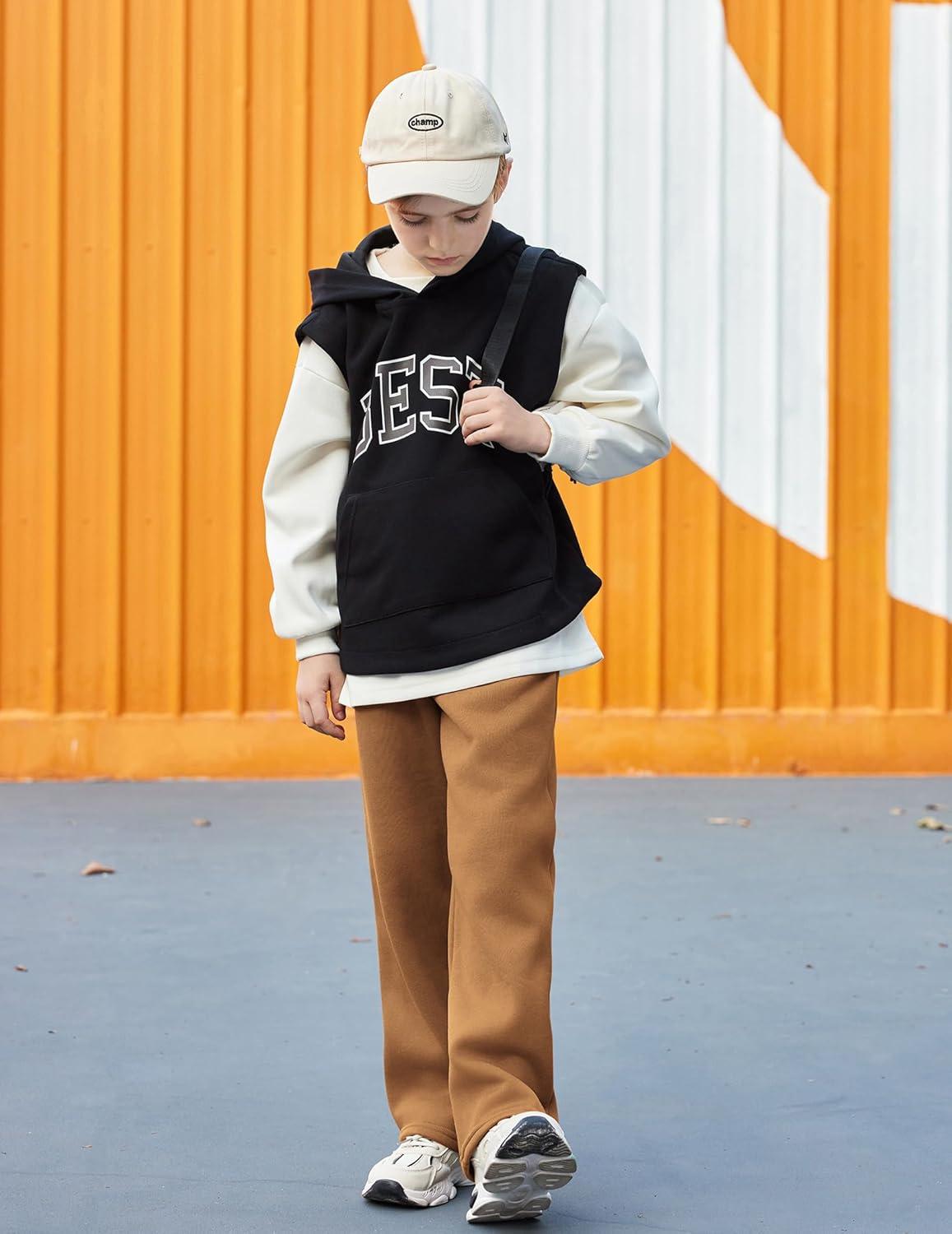 imageArshiner Boys Casual Pants Fleece Sweatpants Lightweight Open Bottom Lounge Pants Drawstring Jogger Pants with PocketsLight Brown