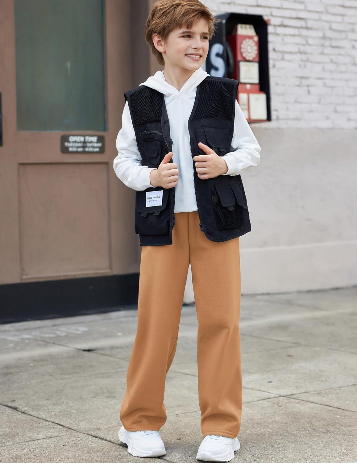 imageArshiner Boys Casual Pants Fleece Sweatpants Lightweight Open Bottom Lounge Pants Drawstring Jogger Pants with PocketsLight Coffee