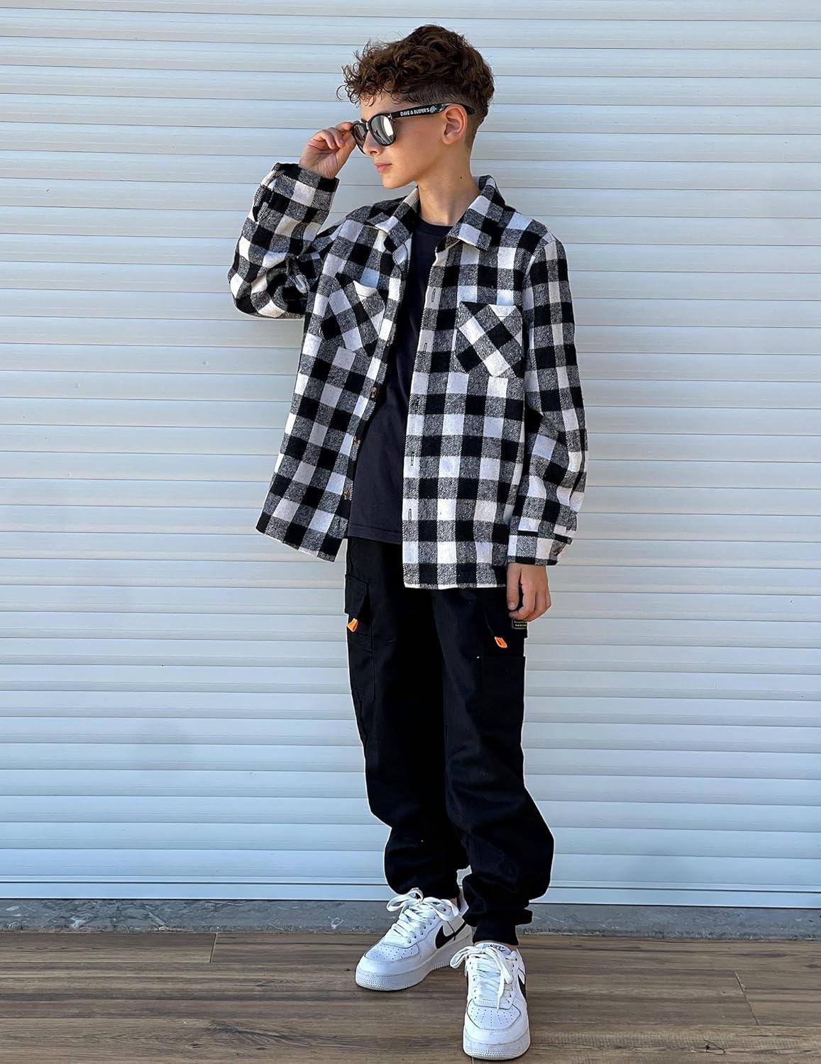 imageArshiner Boys Flannel Shirts Kids Button Down Plaid Shirt Casual Long Sleeve Shirt Tops Boys and Girls Fall Plaid JacketBlack White