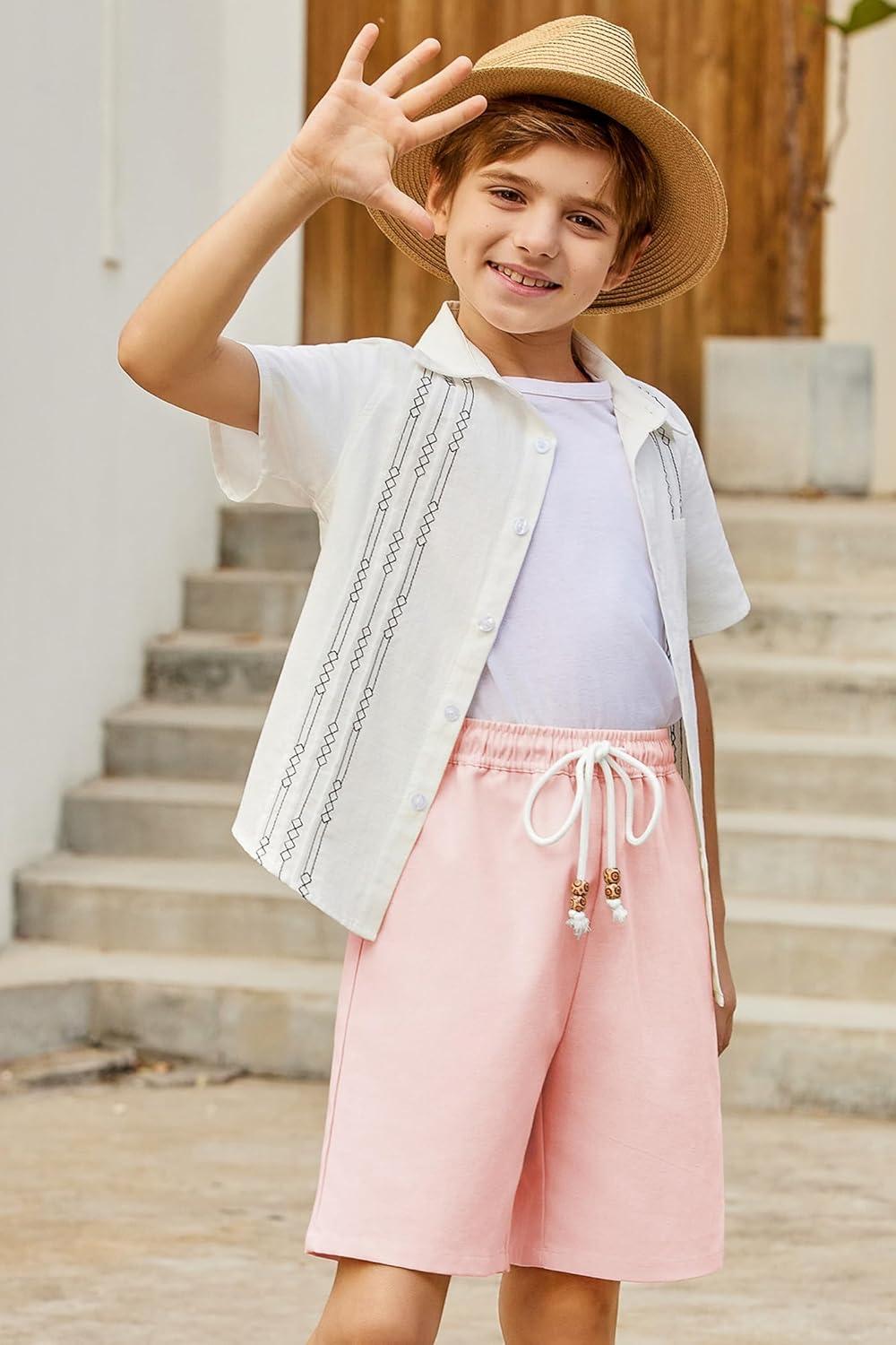 imageArshiner Boys Linen Shorts with Elastic Waist Breathable Summer Beach Shorts for Kids 513 YearsLight Pink