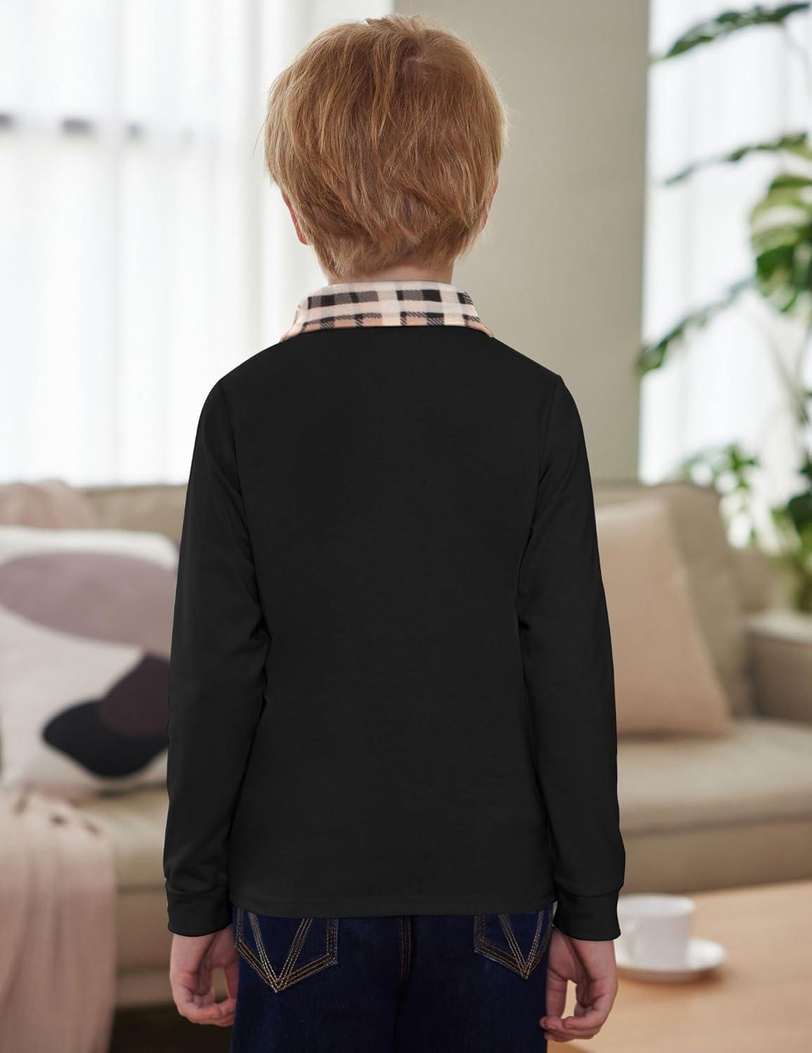 imageArshiner Boys Long Sleeve Plaid Trim Polo Shirt School Uniform Shirt with Pocket for 412 YearsAblack
