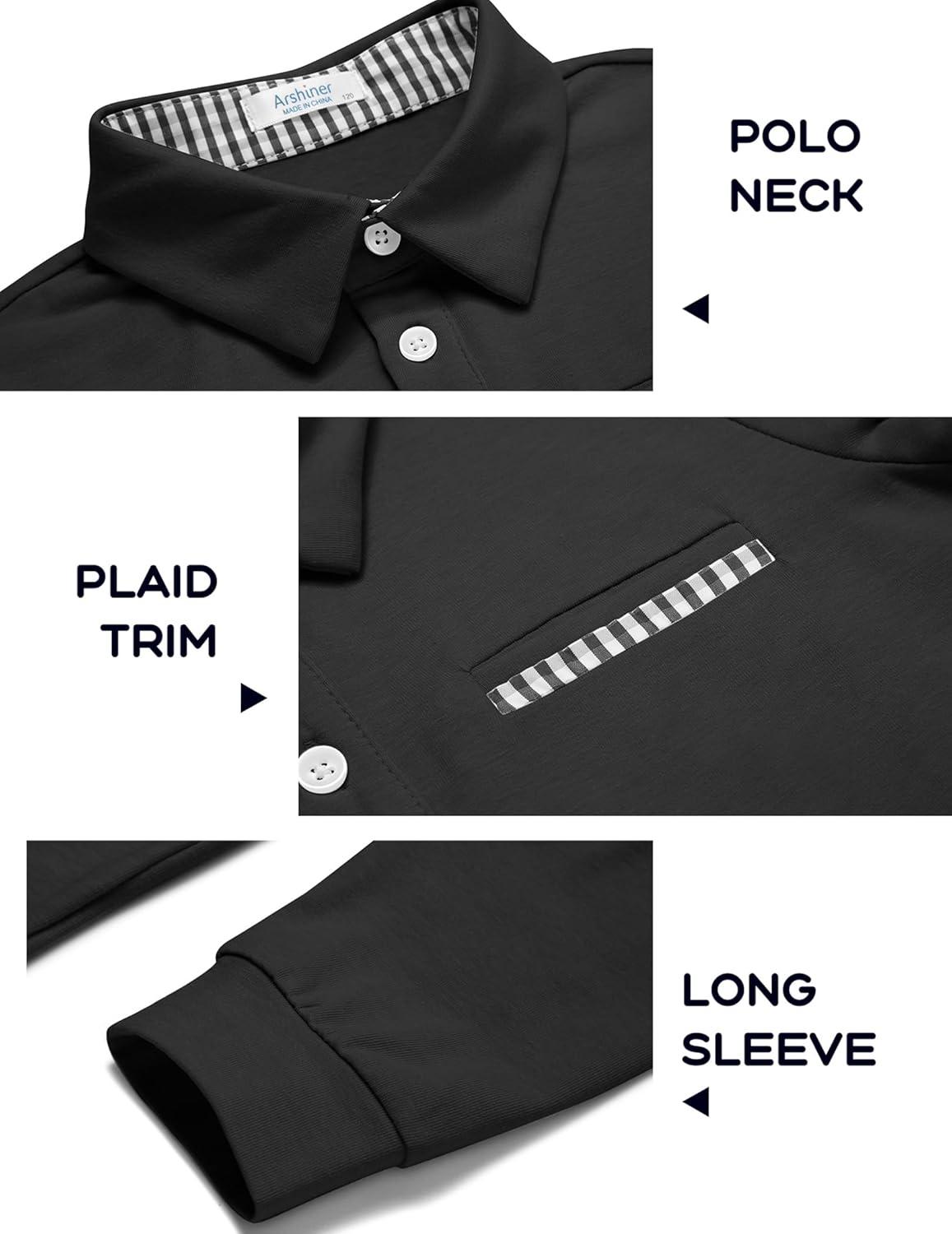 imageArshiner Boys Long Sleeve Plaid Trim Polo Shirt School Uniform Shirt with Pocket for 412 YearsBlack