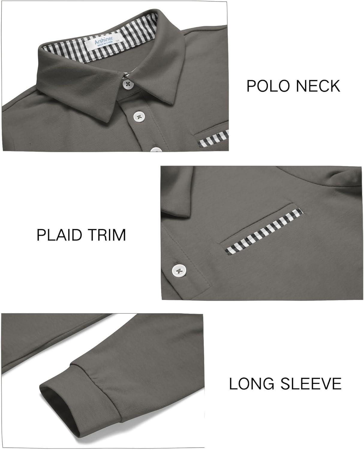 imageArshiner Boys Long Sleeve Plaid Trim Polo Shirt School Uniform Shirt with Pocket for 412 YearsDark Grey