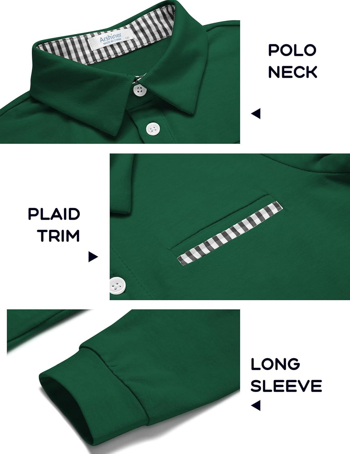 imageArshiner Boys Long Sleeve Plaid Trim Polo Shirt School Uniform Shirt with Pocket for 412 YearsGreen
