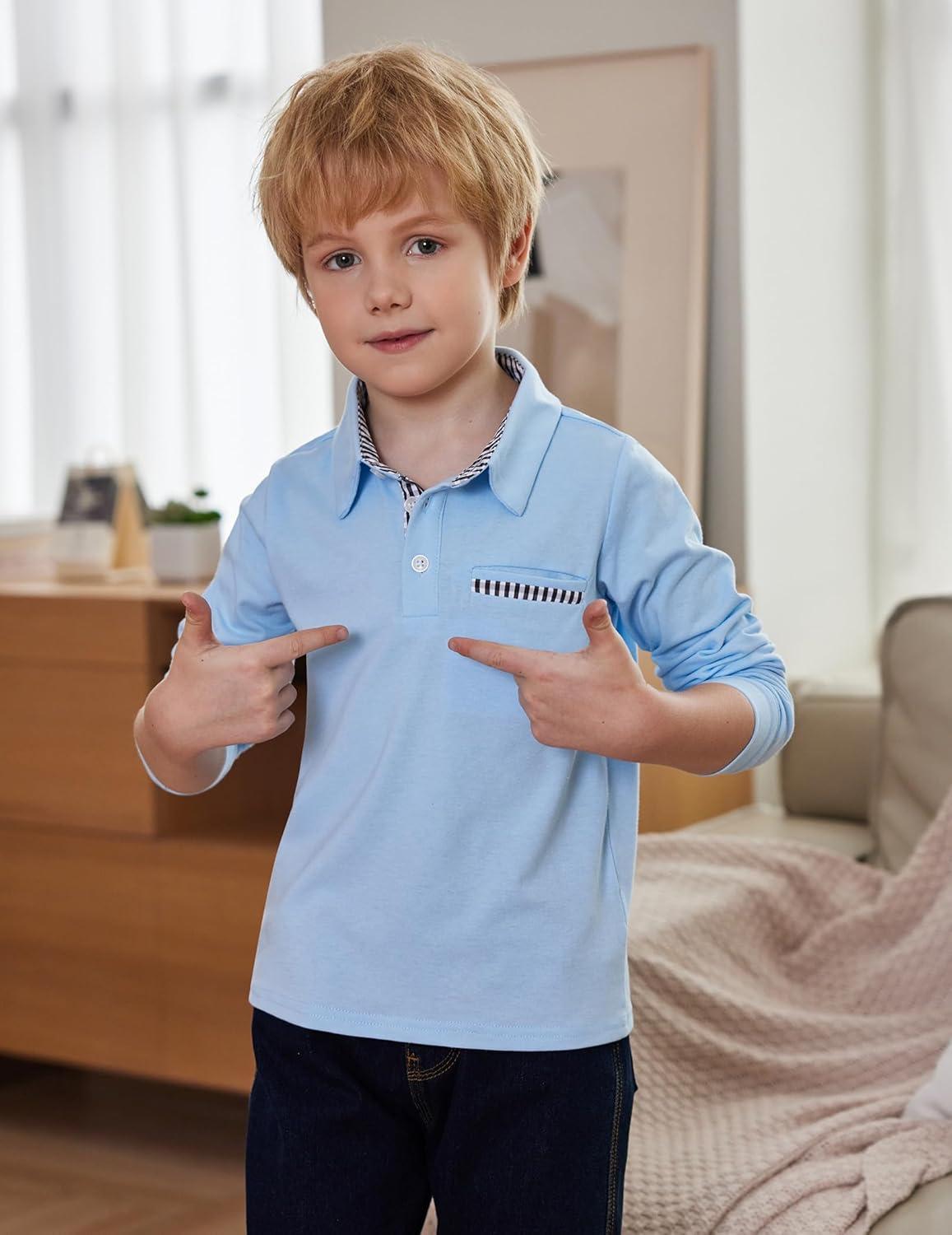 imageArshiner Boys Long Sleeve Plaid Trim Polo Shirt School Uniform Shirt with Pocket for 412 YearsLight Blue