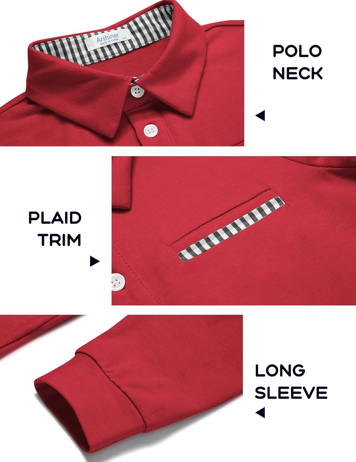 imageArshiner Boys Long Sleeve Plaid Trim Polo Shirt School Uniform Shirt with Pocket for 412 YearsRed