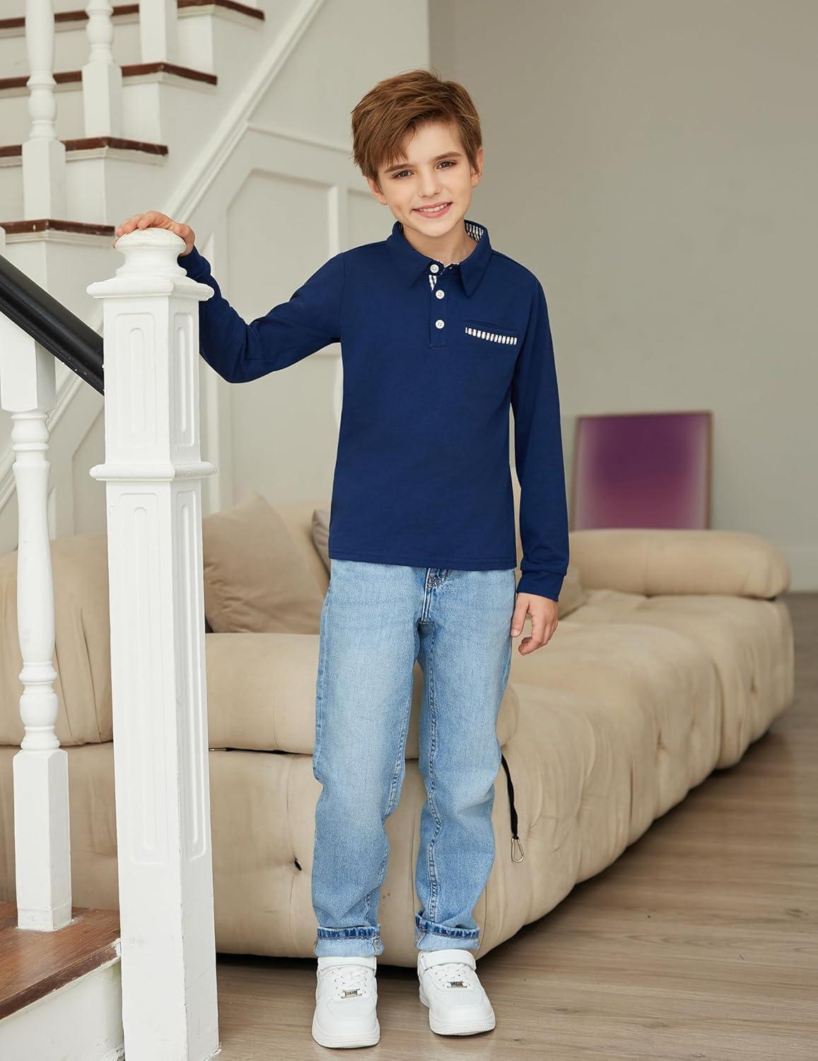 imageArshiner Boys Long Sleeve Plaid Trim Polo Shirt School Uniform Shirt with Pocket for 412 YearsViolet