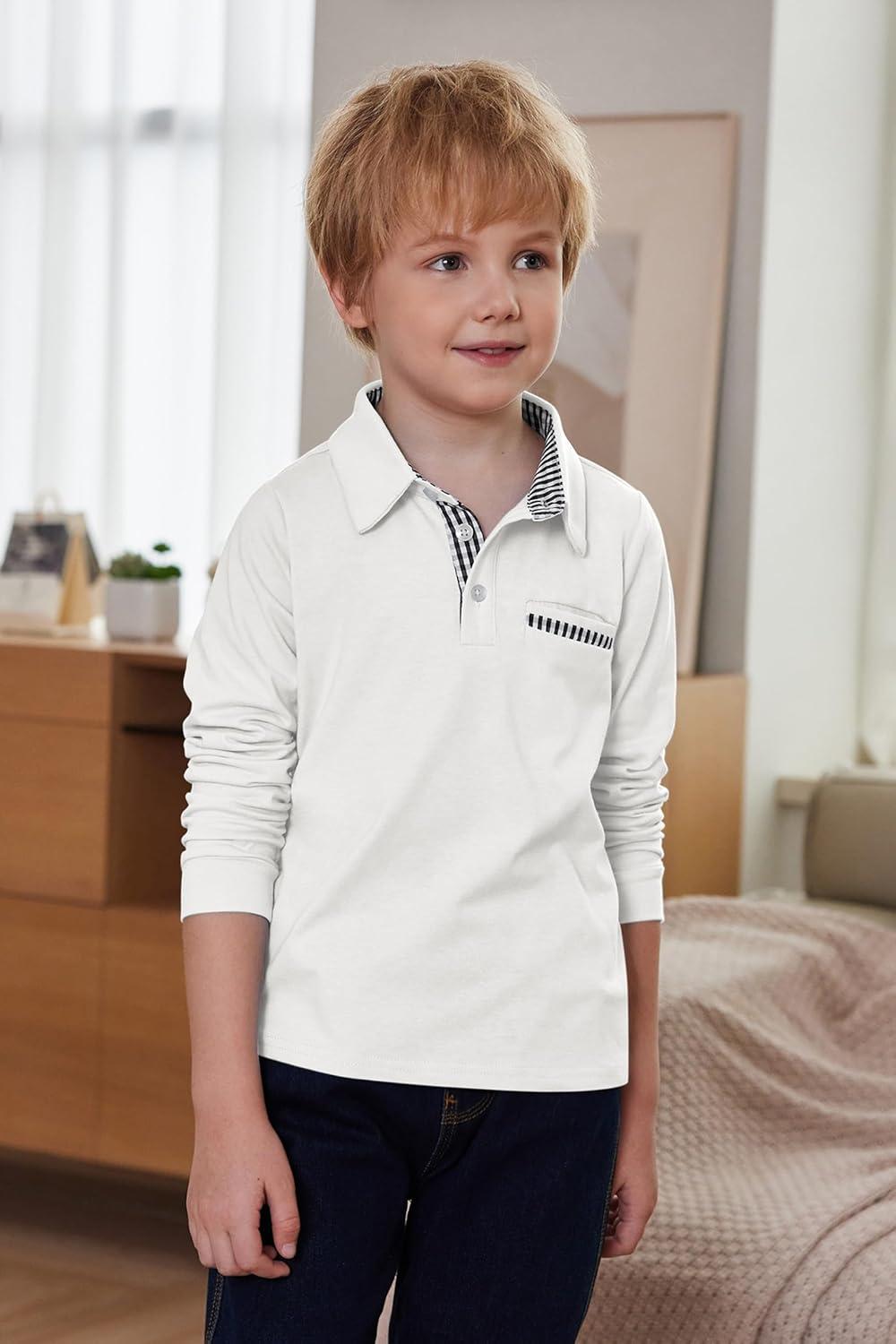 imageArshiner Boys Long Sleeve Plaid Trim Polo Shirt School Uniform Shirt with Pocket for 412 YearsWhite