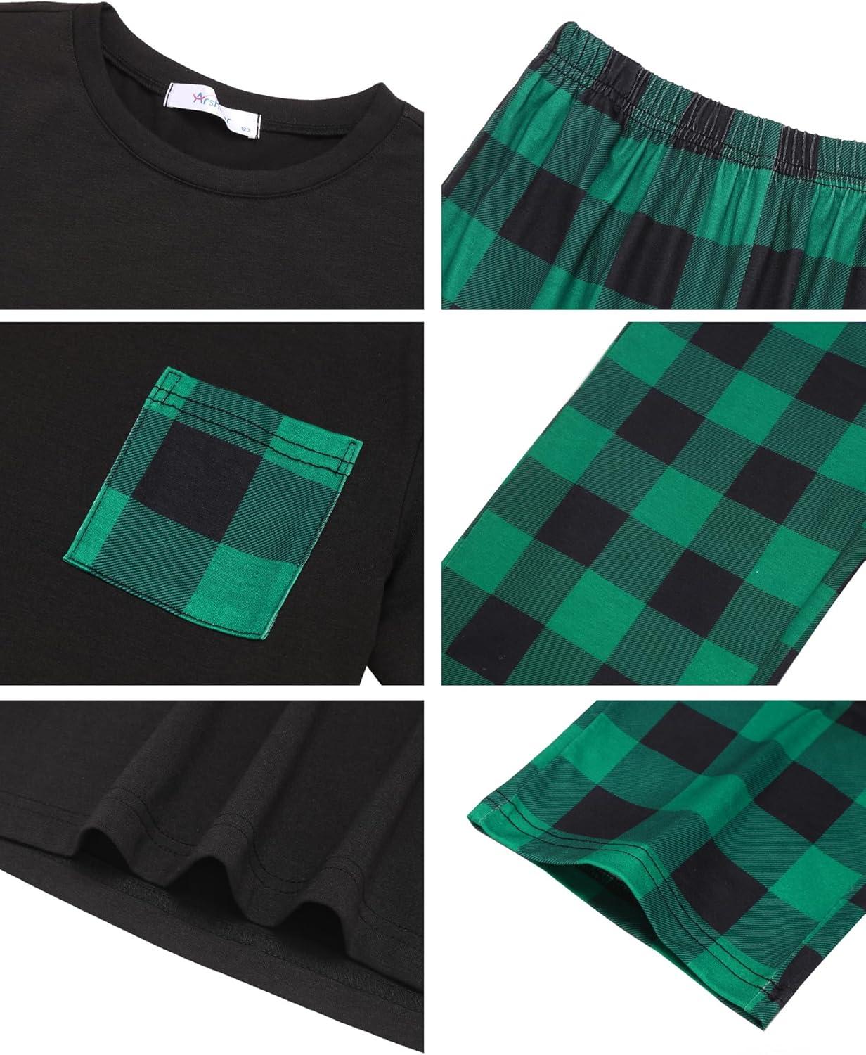 imageArshiner Boys Loosefit Pajamas Long Sleeve Top and Pants 2 Piece Pajama Set for Big Boys 513 YearsGreen Plaid