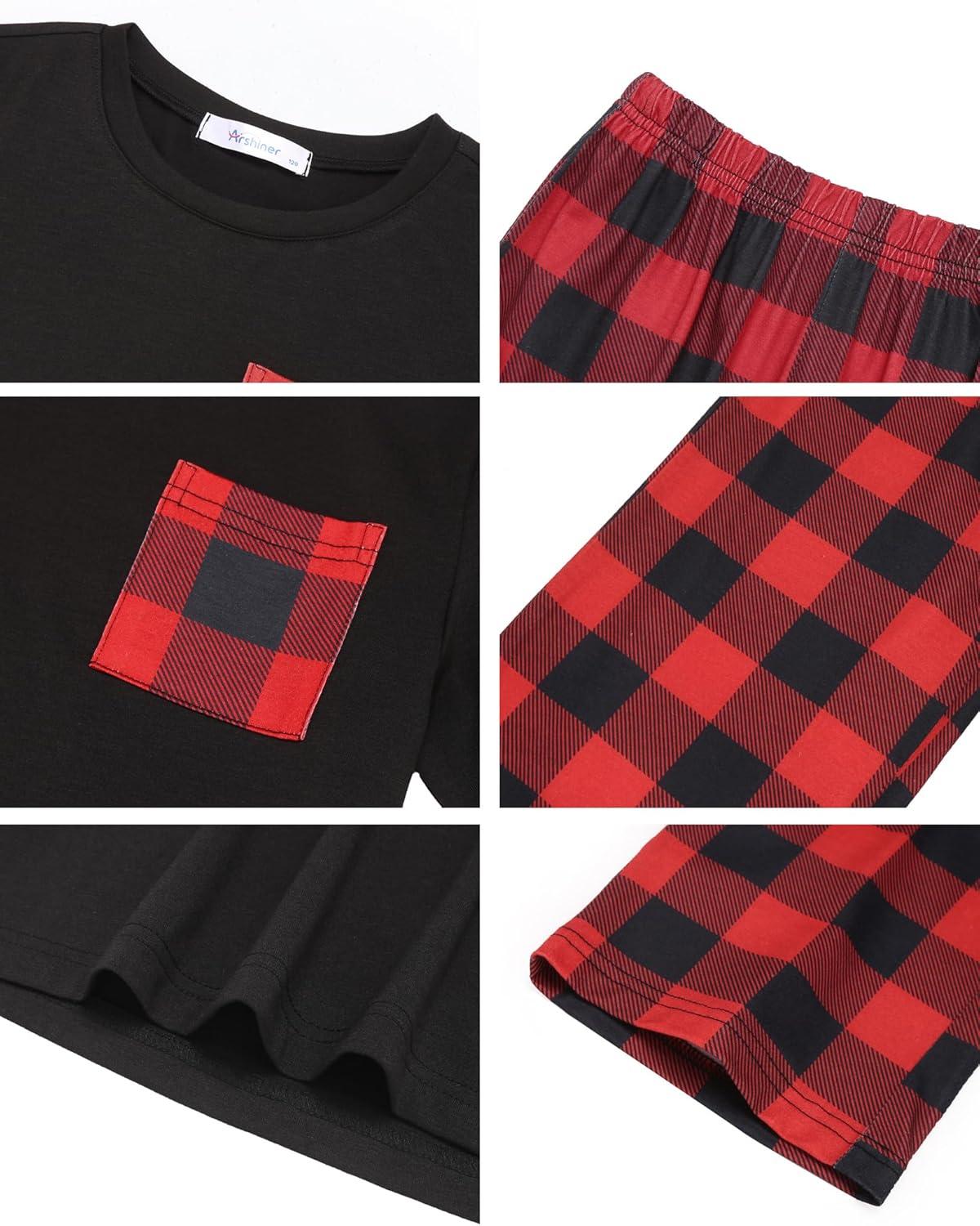 imageArshiner Boys Loosefit Pajamas Long Sleeve Top and Pants 2 Piece Pajama Set for Big Boys 513 YearsRed Plaid
