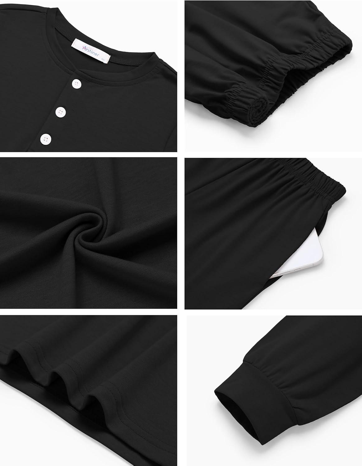 imageArshiner Boys Pajamas Long Sleeve Henley Top and Pants Boys 2 Piece Pajama Set Sleepwear for 614 YearsBlack