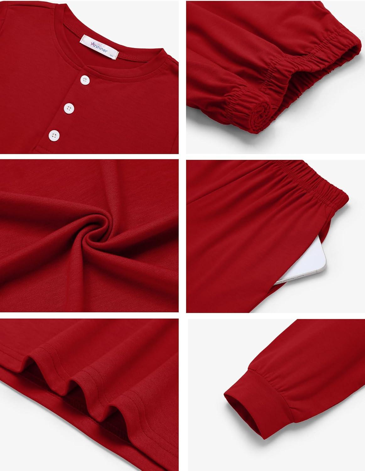 imageArshiner Boys Pajamas Long Sleeve Henley Top and Pants Boys 2 Piece Pajama Set Sleepwear for 614 YearsRed