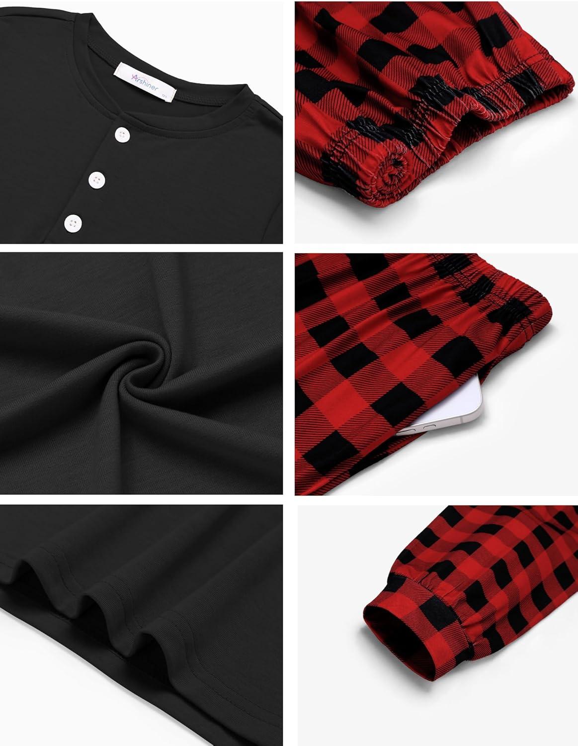 imageArshiner Boys Pajamas Long Sleeve Henley Top and Pants Boys 2 Piece Pajama Set Sleepwear for 614 YearsRed Plaid
