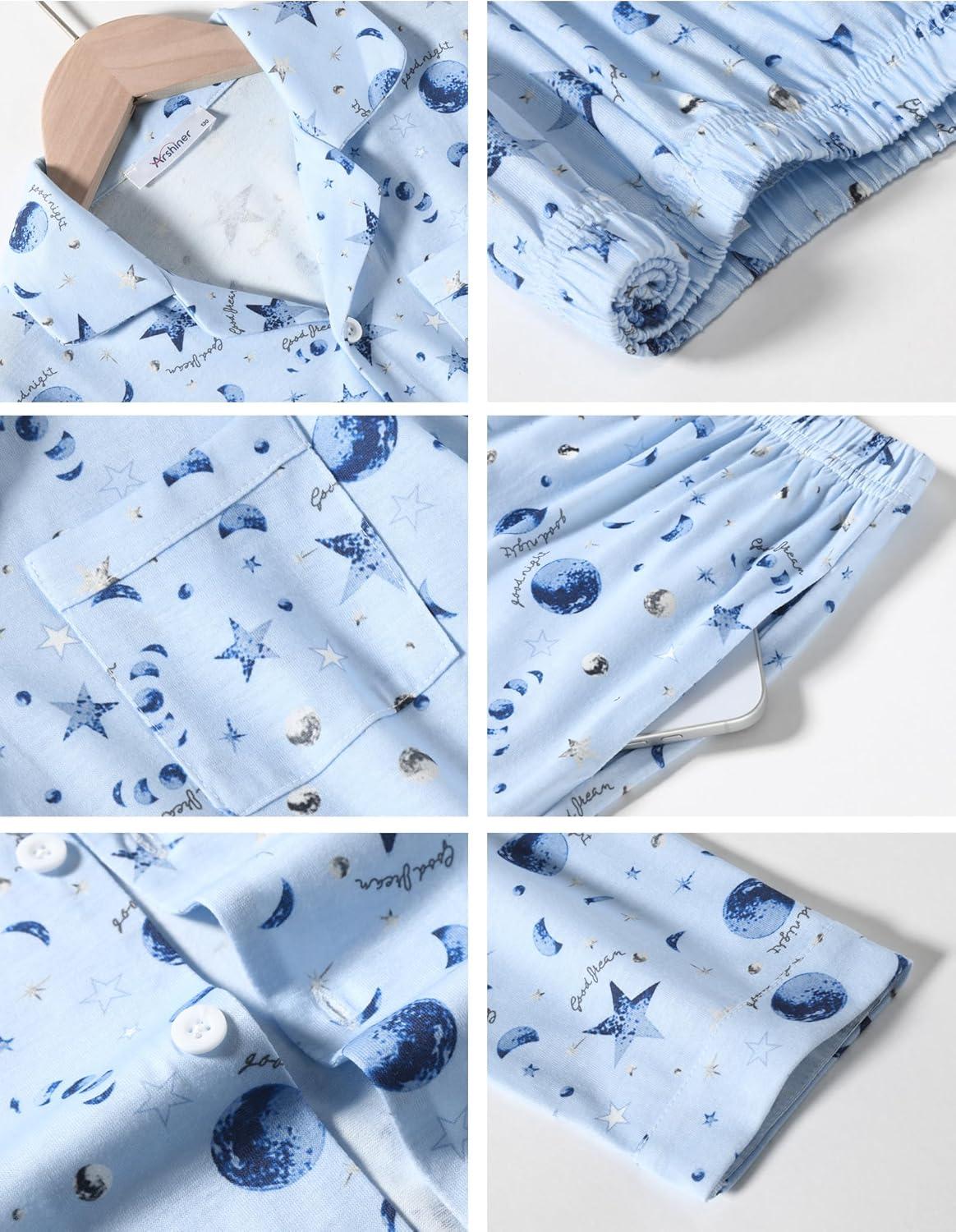 imageArshiner Boys Pajamas Set Long Sleeve ButtonDown Sleepwear 2 Piece Pjs Set for Boys 513 YearsBlue Moon