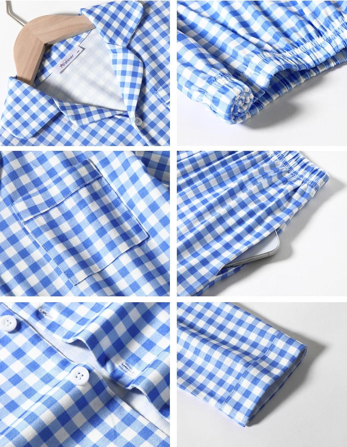 imageArshiner Boys Pajamas Set Long Sleeve ButtonDown Sleepwear 2 Piece Pjs Set for Boys 513 YearsBlue Plaid