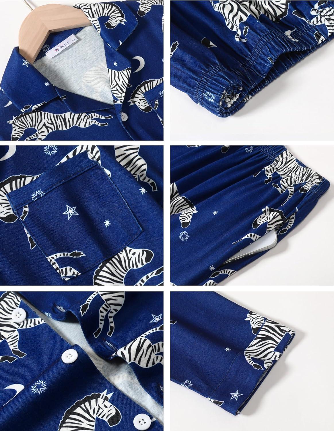 imageArshiner Boys Pajamas Set Long Sleeve ButtonDown Sleepwear 2 Piece Pjs Set for Boys 513 YearsBlue Zebra