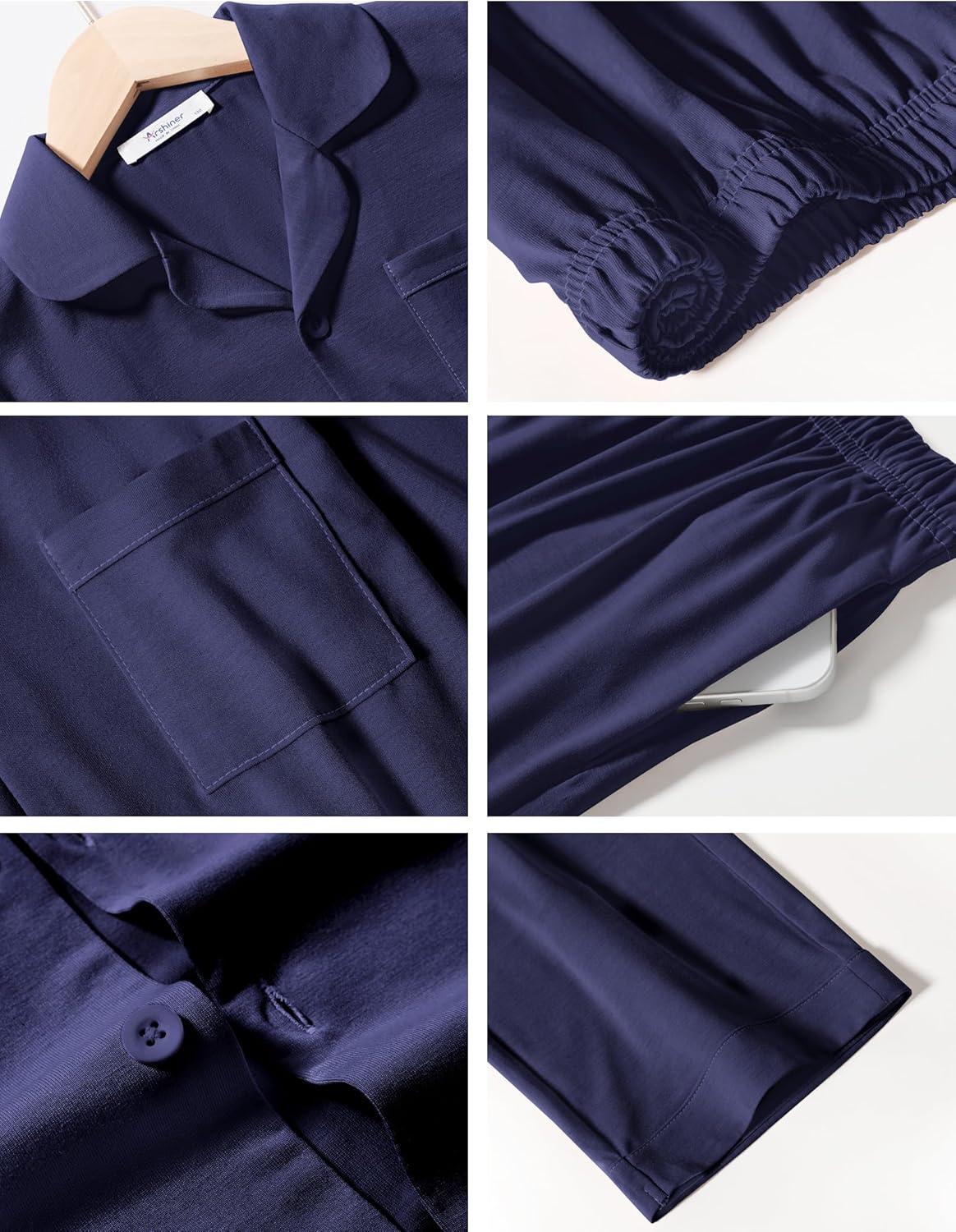 imageArshiner Boys Pajamas Set Long Sleeve ButtonDown Sleepwear 2 Piece Pjs Set for Boys 513 YearsNavy Blue