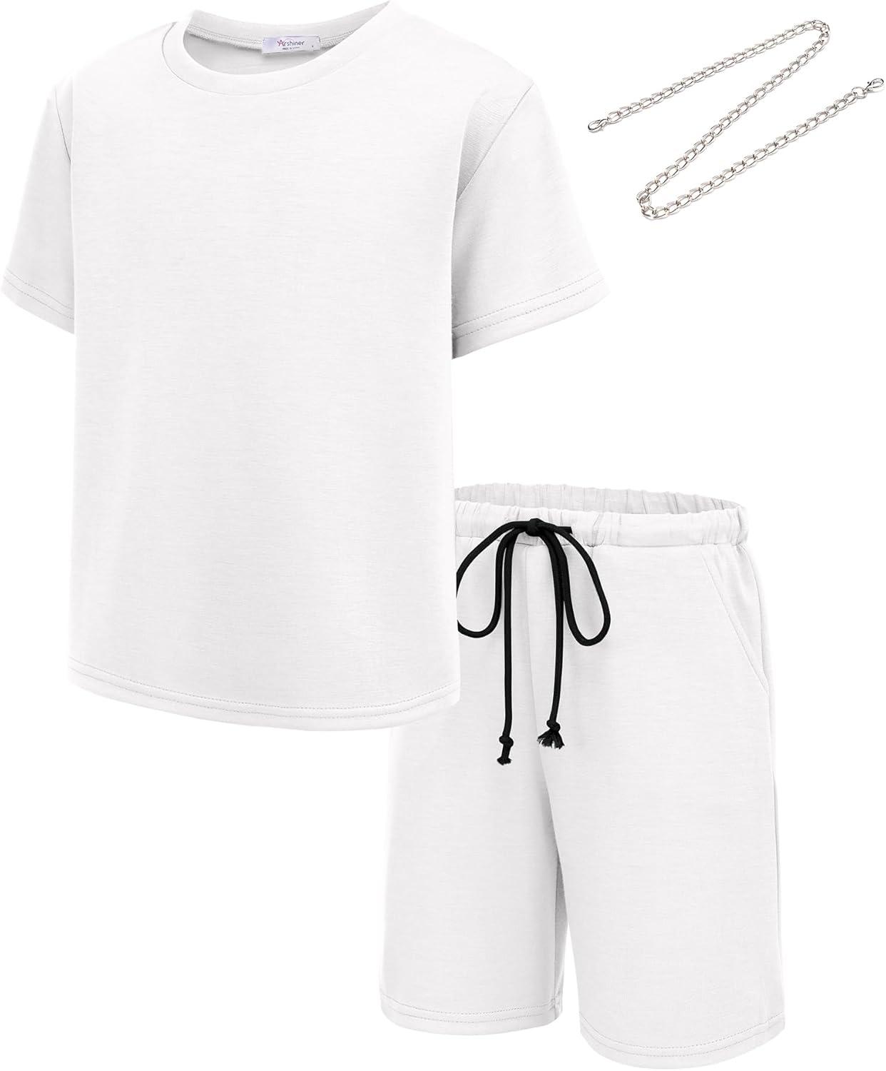 imageArshiner Boys Solid Round Neck Tee ampamp Track Shorts Set with Chain Necklace White Size 12