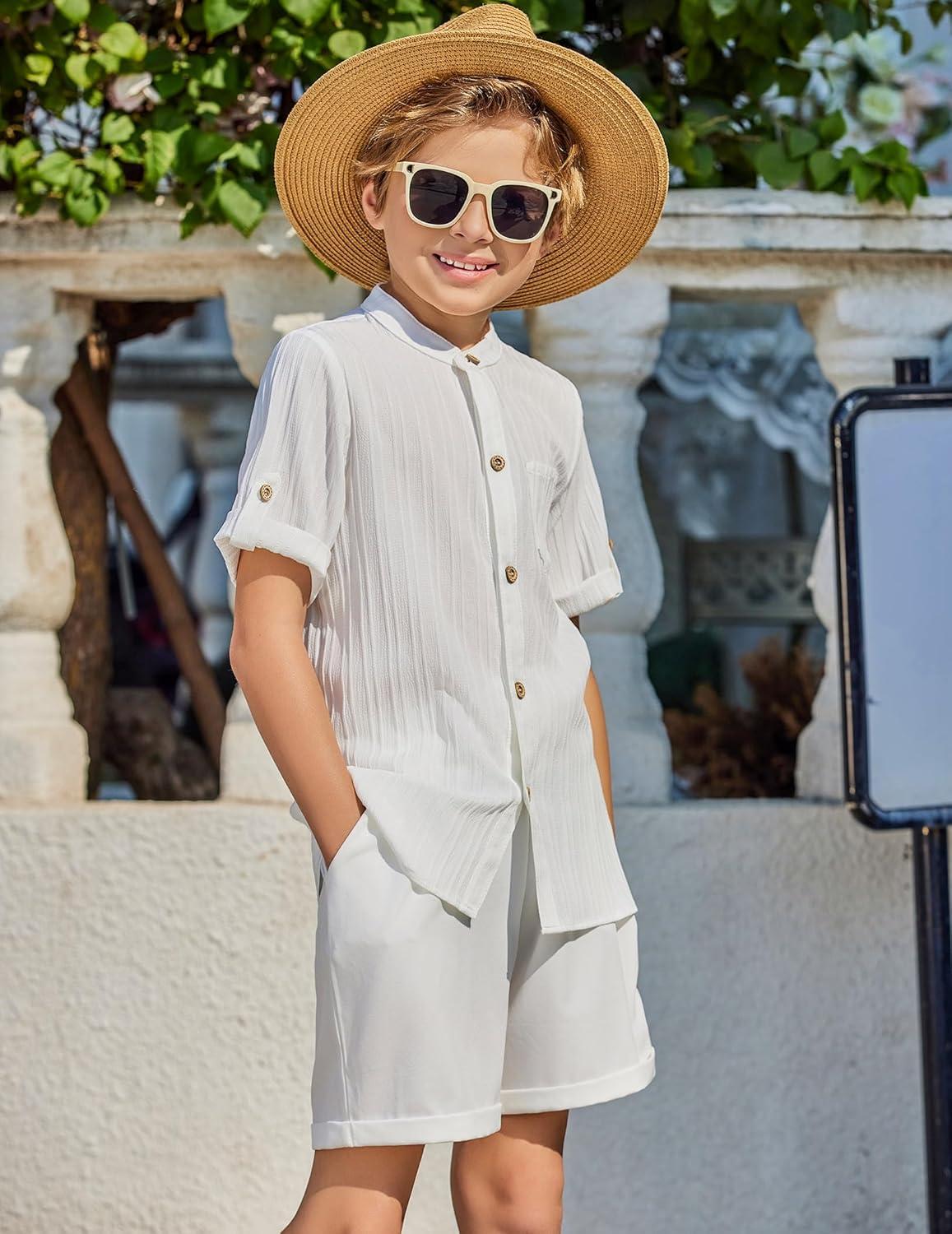 imageArshiner Boys Summer Beach Outfits Short Sleeve White Shirt and Shorts Vacation Texture Sets 78 Years