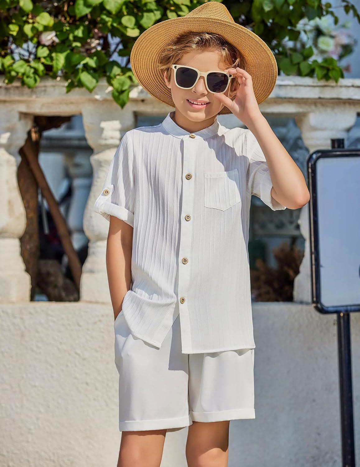 imageArshiner Boys Summer Beach Outfits Short Sleeve White Shirt and Shorts Vacation Texture Sets 78 Years