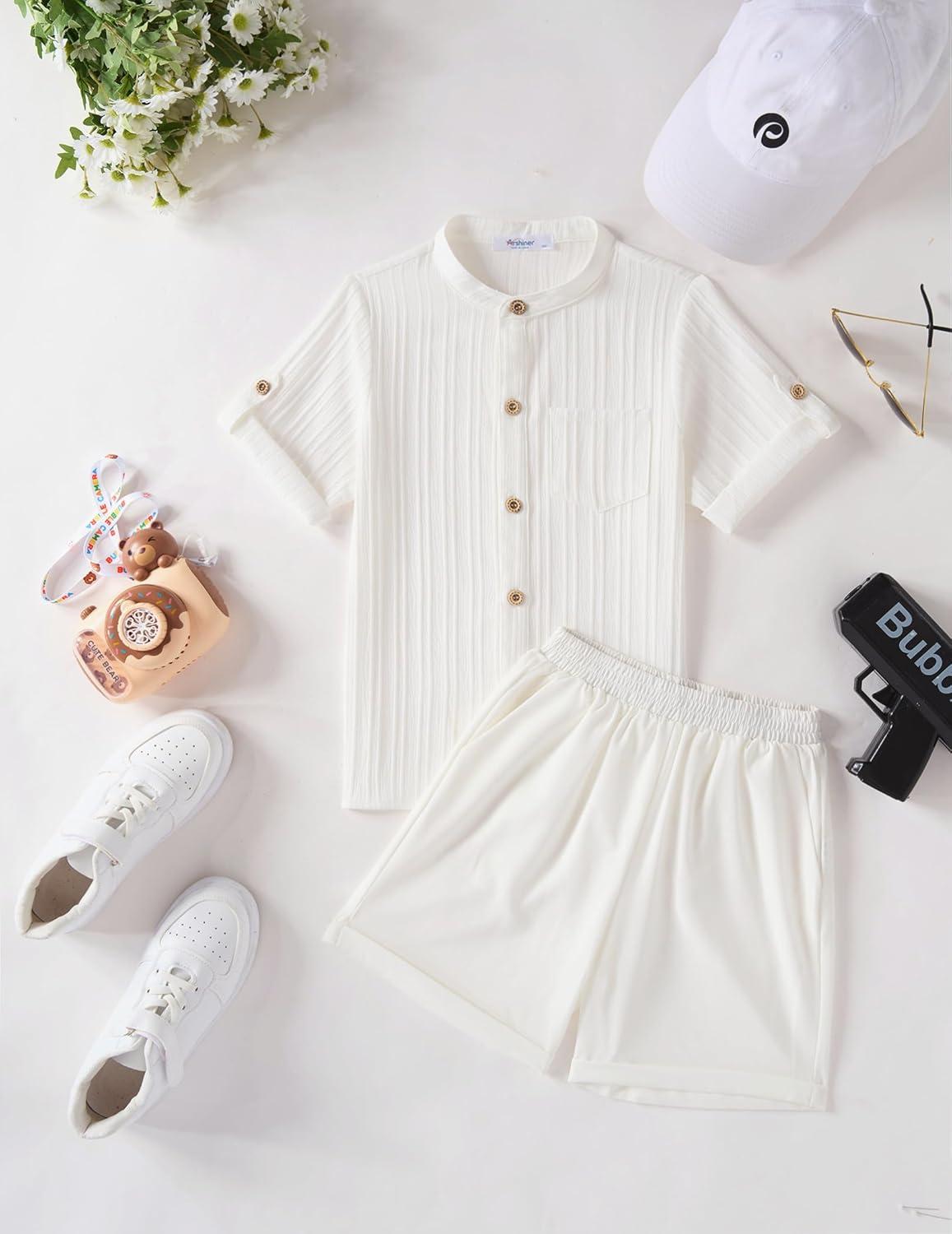 imageArshiner Boys Summer Beach Outfits Short Sleeve White Shirt and Shorts Vacation Texture Sets 78 Years