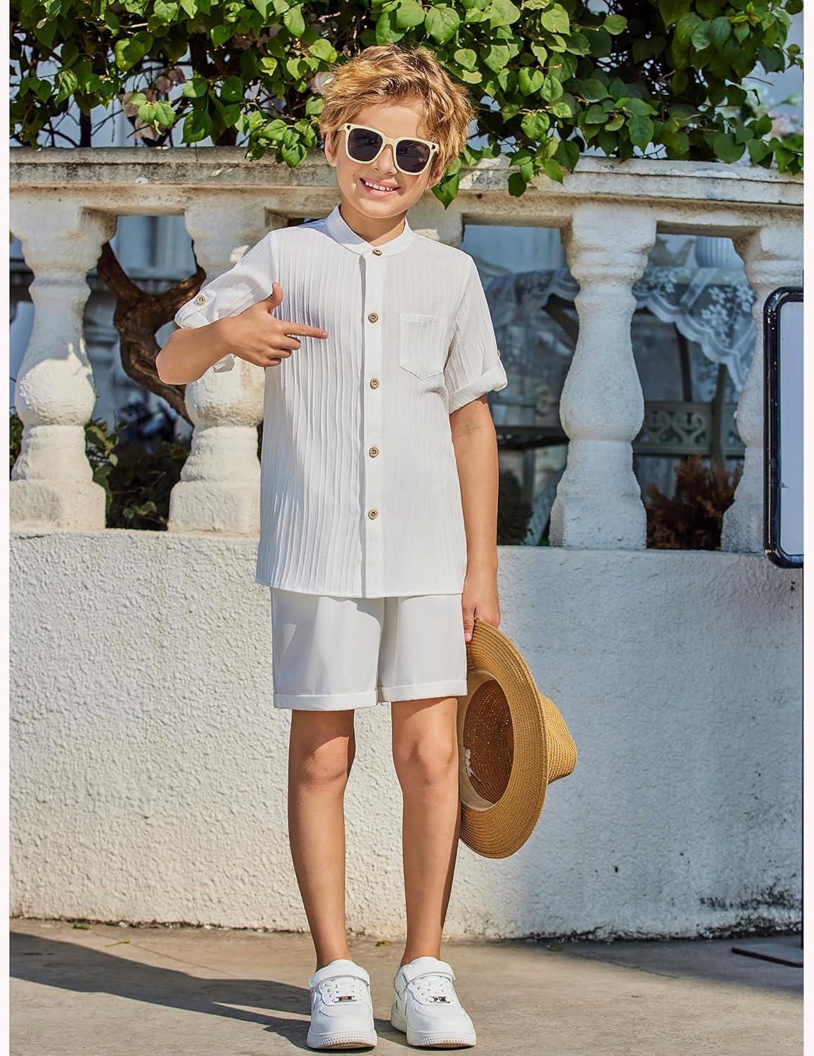 imageArshiner Boys Summer Beach Outfits Short Sleeve White Shirt and Shorts Vacation Texture Sets 78 Years
