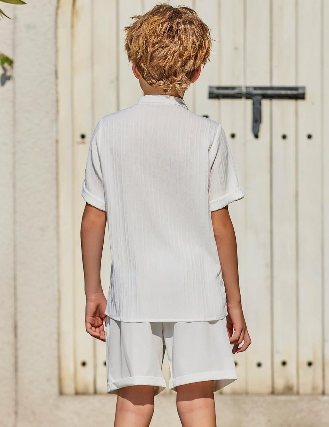 imageArshiner Boys Summer Beach Outfits Short Sleeve White Shirt and Shorts Vacation Texture Sets 78 Years