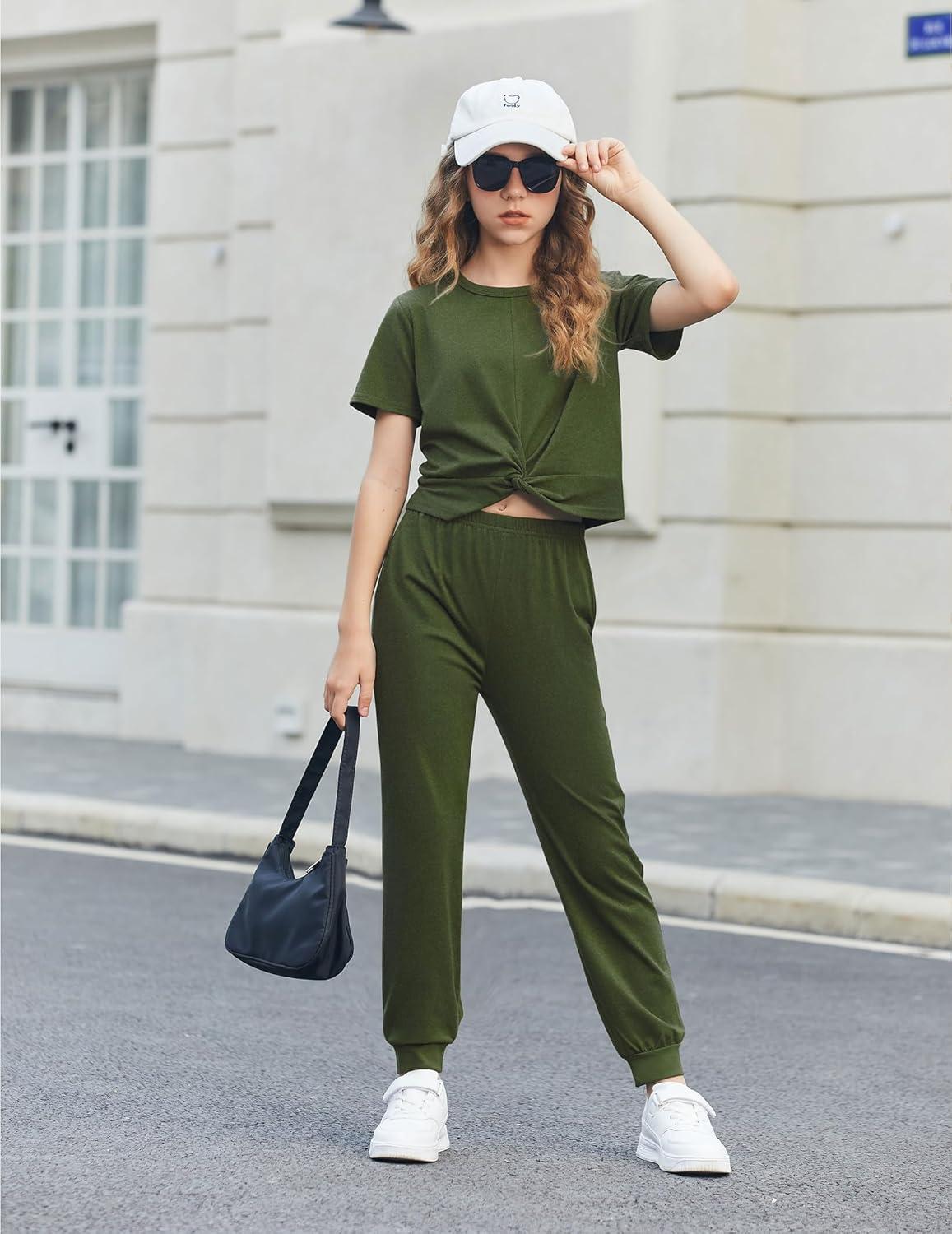 imageArshiner Cute Outfits for Girls 2 Pieces Tracksuits Jogger Suits Sweatsuits Set Army Green 1213 Years Old