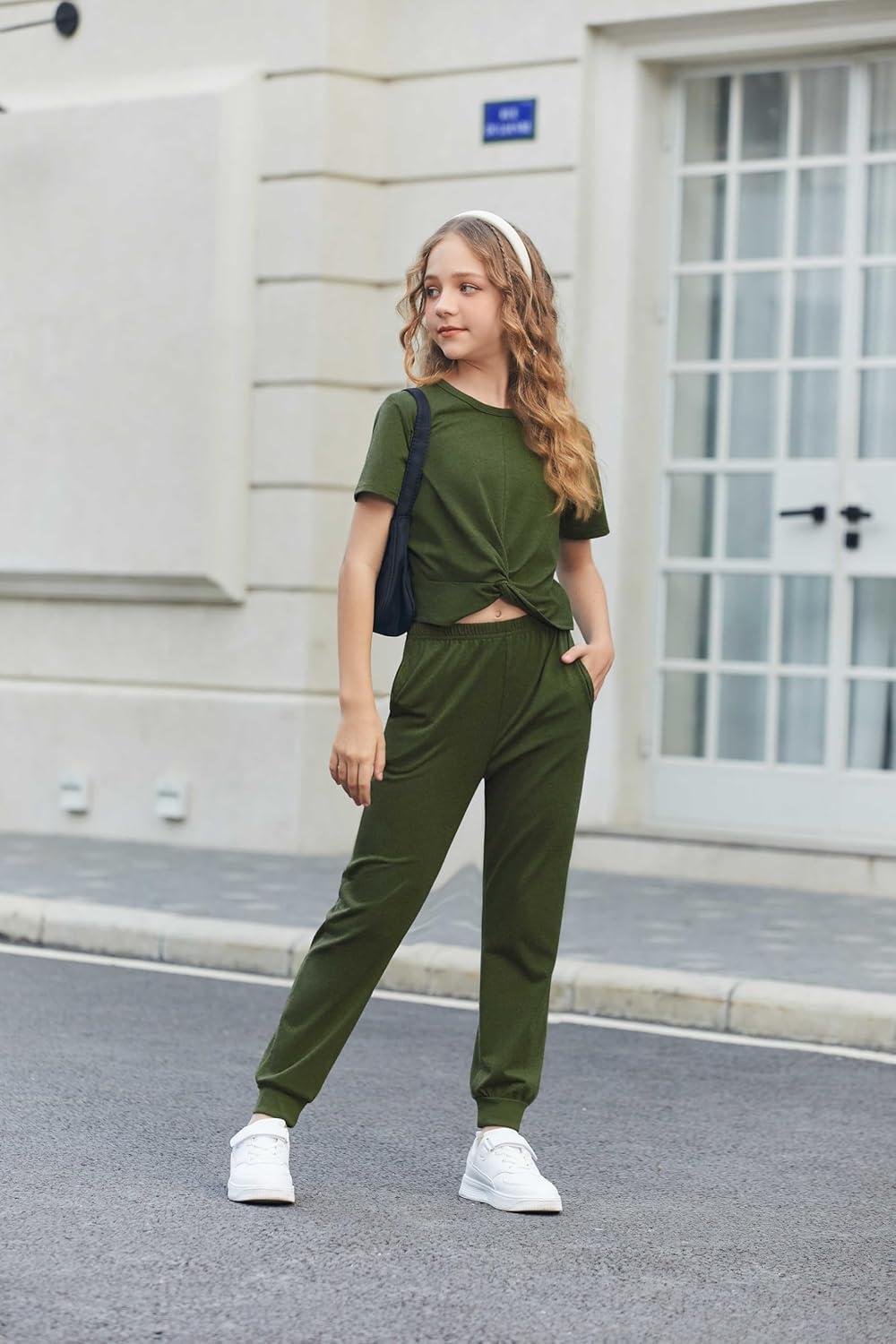 imageArshiner Cute Outfits for Girls 2 Pieces Tracksuits Jogger Suits Sweatsuits Set Army Green 1213 Years Old