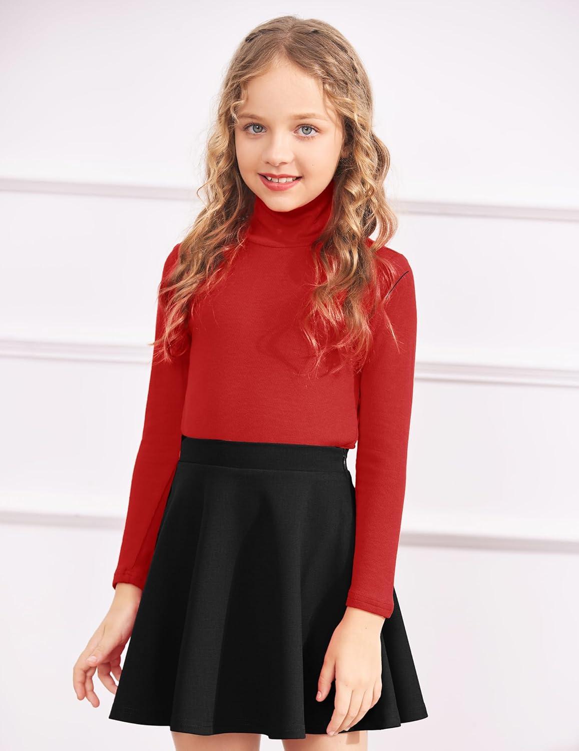 imageArshiner Girls 2 Pack Turtleneck Long Sleeve Shirts Ribbed Base Layer Top Slim Fit Pullover Blouse TeeBlackRed