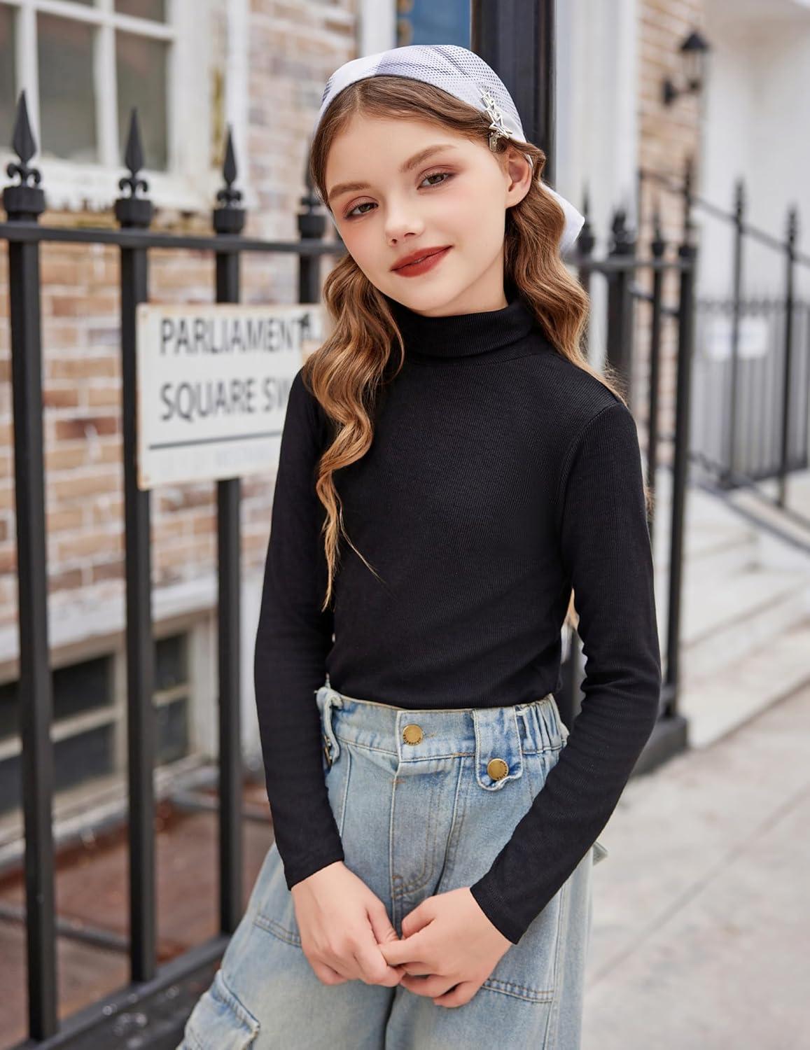 imageArshiner Girls 2 Pack Turtleneck Long Sleeve Shirts Ribbed Base Layer Top Slim Fit Pullover Blouse TeeBlackRed