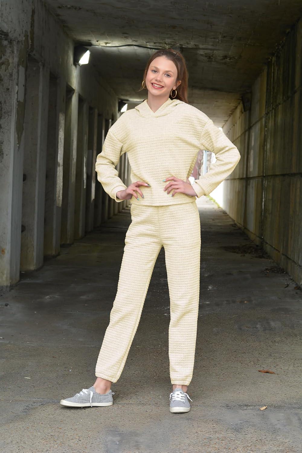 imageArshiner Girls 2 Piece Outfit Waffle Knit Pullover Hooded Sweatshirt and Sweatpants Clothing Sets Long Sleeve TracksuitsBeige