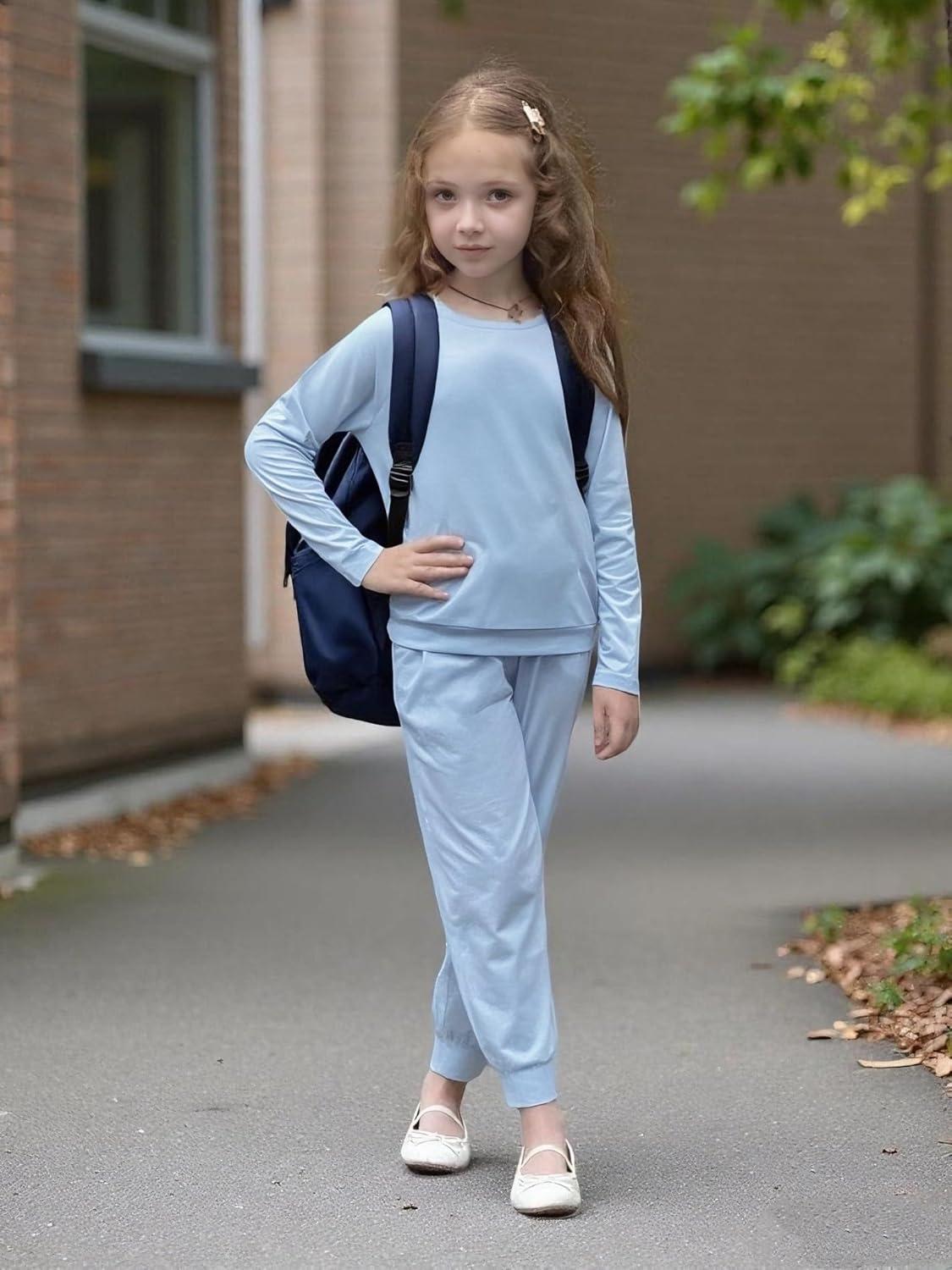 imageArshiner Girls 2 Piece Outfits Fall Clothes Long Sleeve Pullover Sweatshirt and Sweatpants with Pockets Kids ClothingBlue
