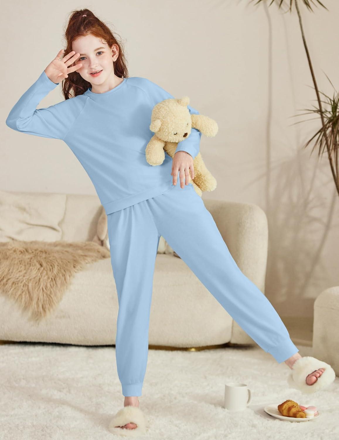imageArshiner Girls 2 Piece Outfits Fall Clothes Long Sleeve Pullover Sweatshirt and Sweatpants with Pockets Kids ClothingBlue