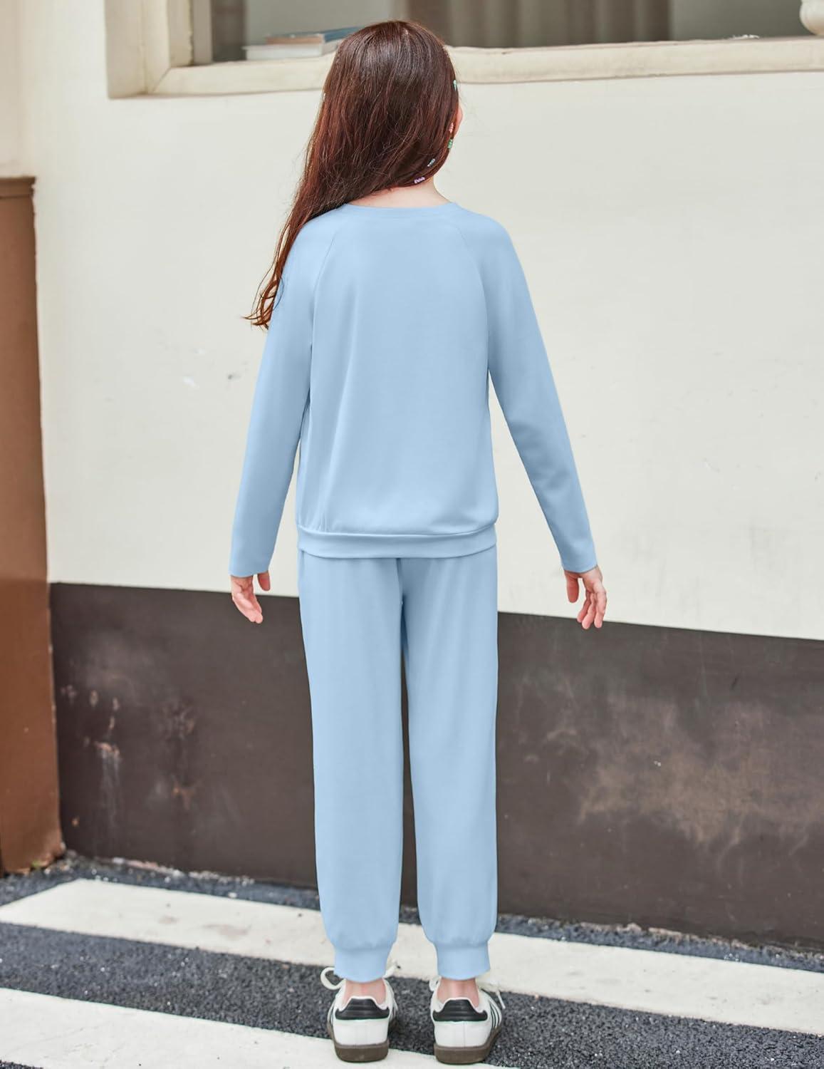 imageArshiner Girls 2 Piece Outfits Fall Clothes Long Sleeve Pullover Sweatshirt and Sweatpants with Pockets Kids ClothingBlue